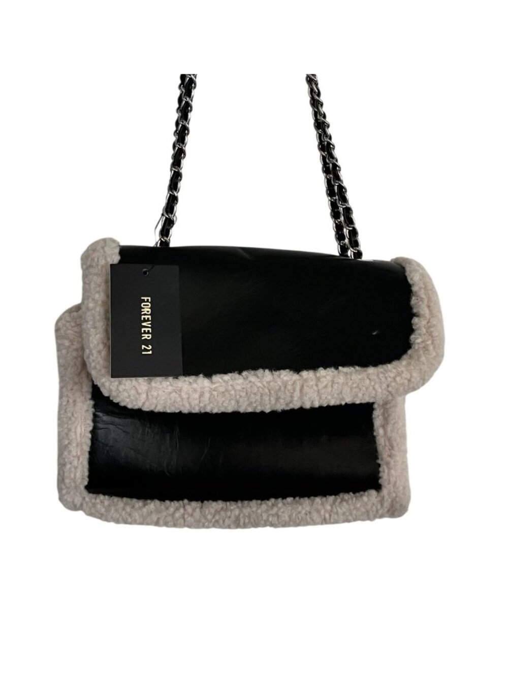 Forever 21 Faux Leather & Sherpa-Trim Black Crossbody Bag With Chain Strap